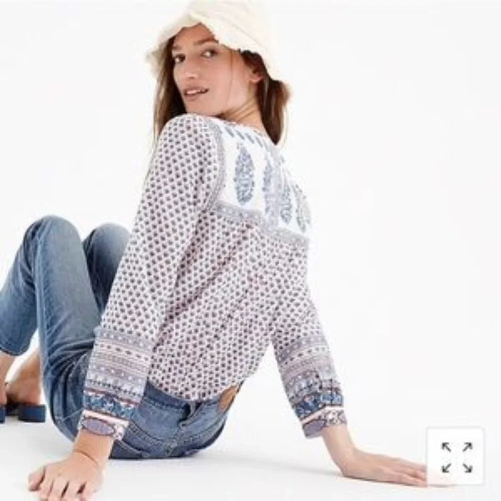 ☀️ J CREW Point Sur Printed Boho Floral Tassel Top Size XS Oversize